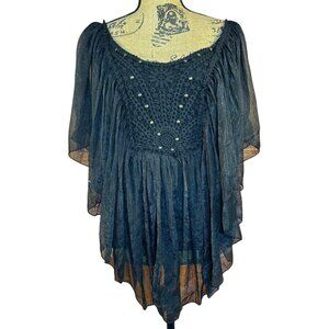VTG Womens M Babydoll Top Black Sheer Crochet Studded Fairy Whimsy Goth Witchy